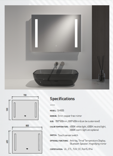 Smart Wall Mounted Rectangle LED Bathroom Mirror