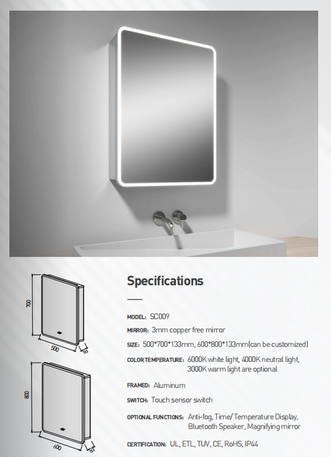 Smart Design Single Door Round Corner Wall Mounted LED Mirror Cabinet Mirror