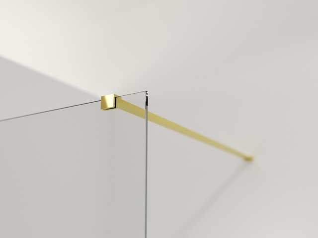 Walk-in shower panel with gold finished stainless steel bracket