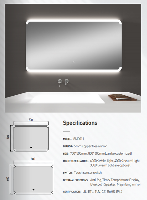 Touch Switch Rectangle Horizonta Lighting Led Mirror