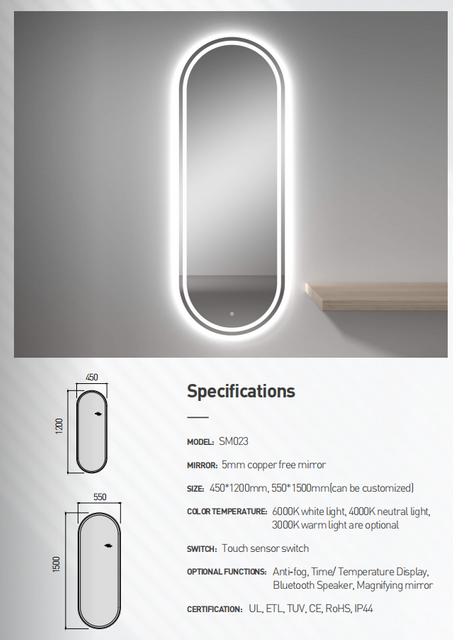 Oval Design Temper Glass Sensor LED Bathroom Mirror